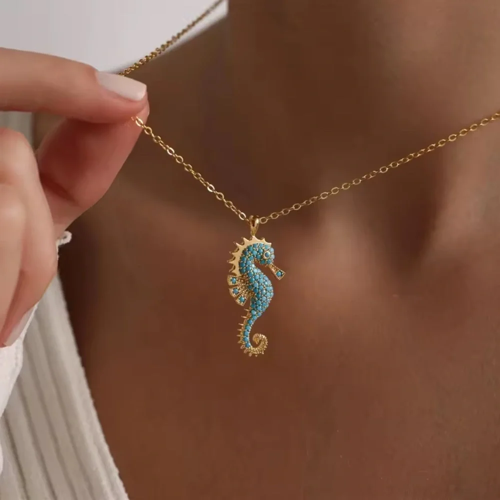 18K Gold Seahorse Micro Pave Turquoise Gemstones Bohemian Minimalist Nautical